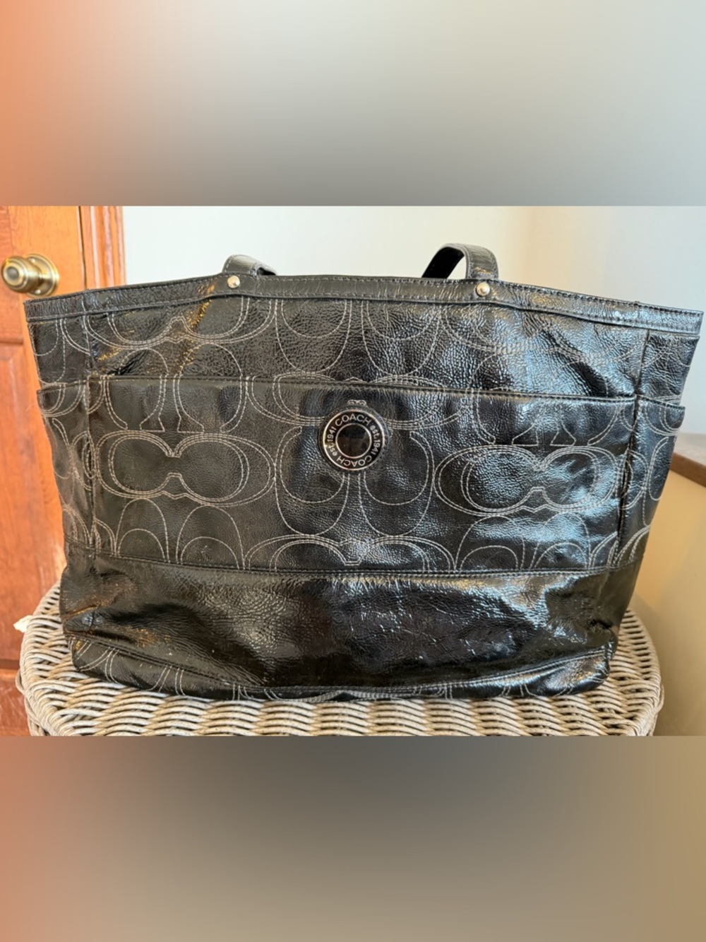 Coach Black Patent Signature Tote / Diaper Bag